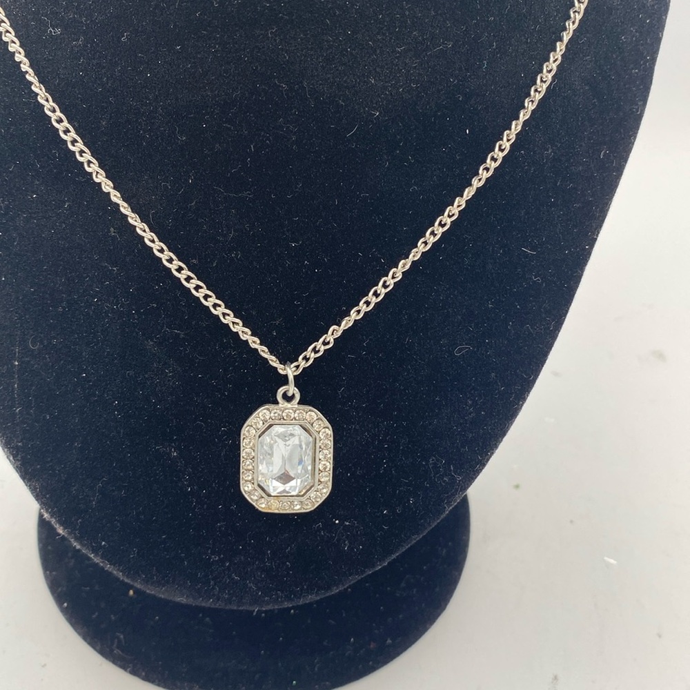Silvertone Crystal Octagon Pendant statement necklace 11”